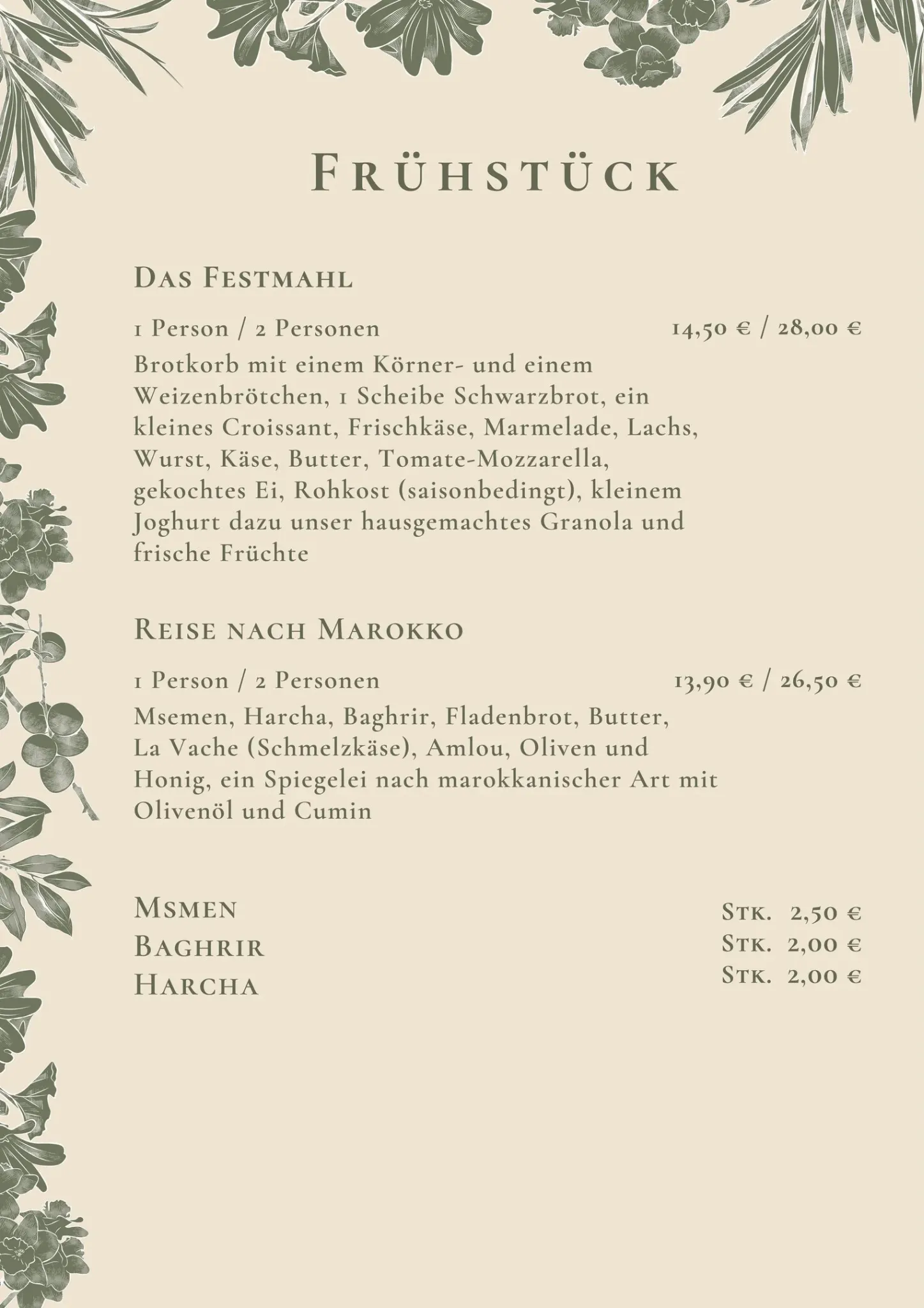 Speisekarte Frühstück