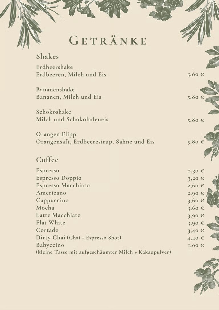 Speisekarte Getränke Kaffee