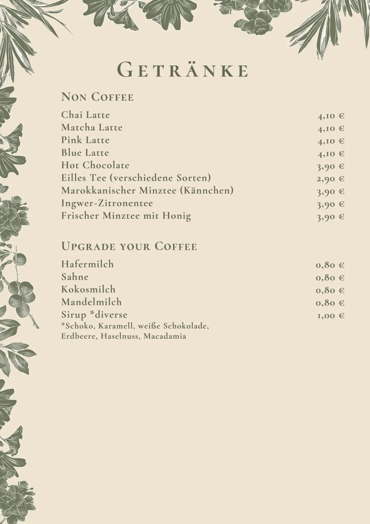 Speisekarte Getränke Non Coffee