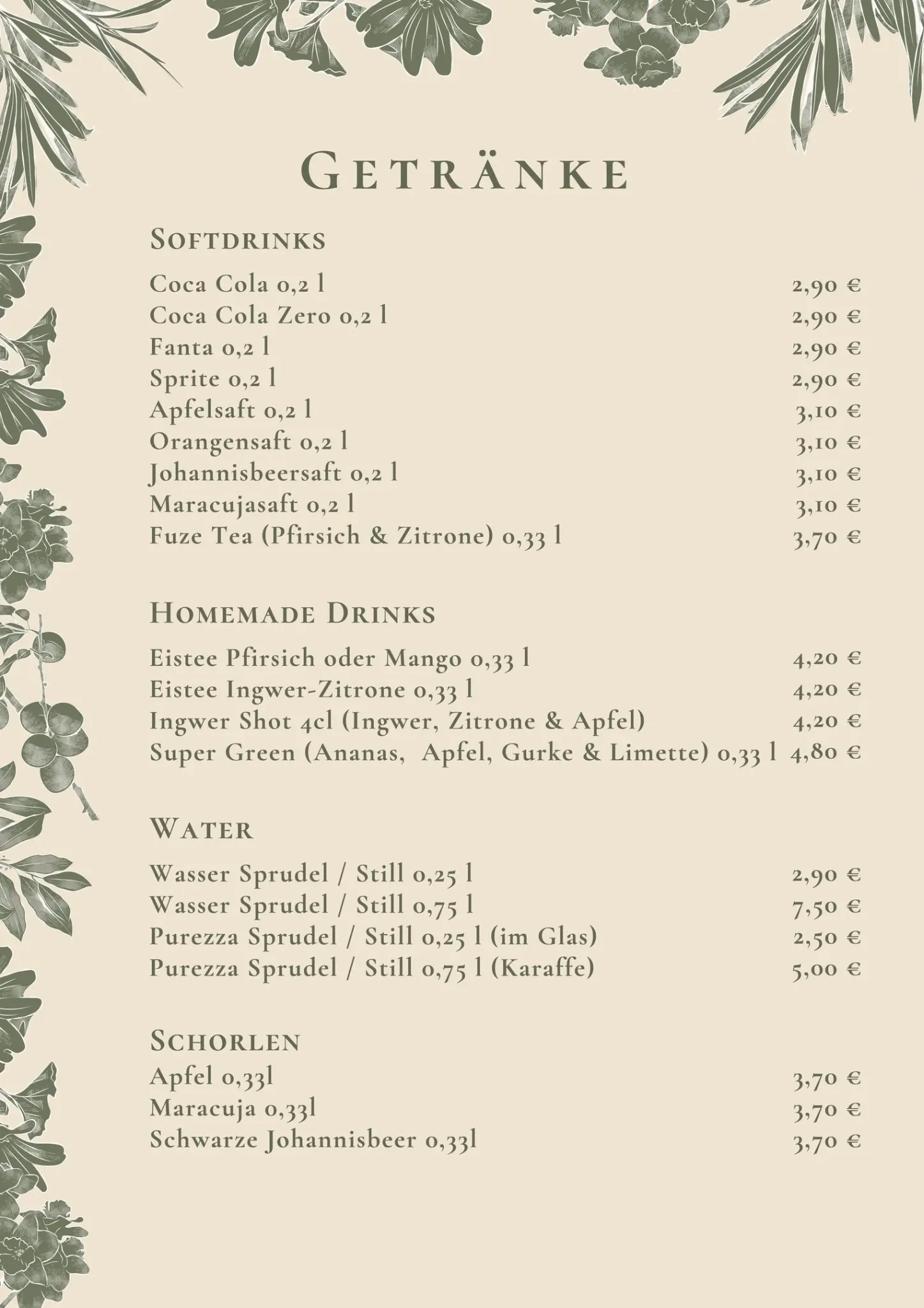 Speisekarte Getränke Softdrinks