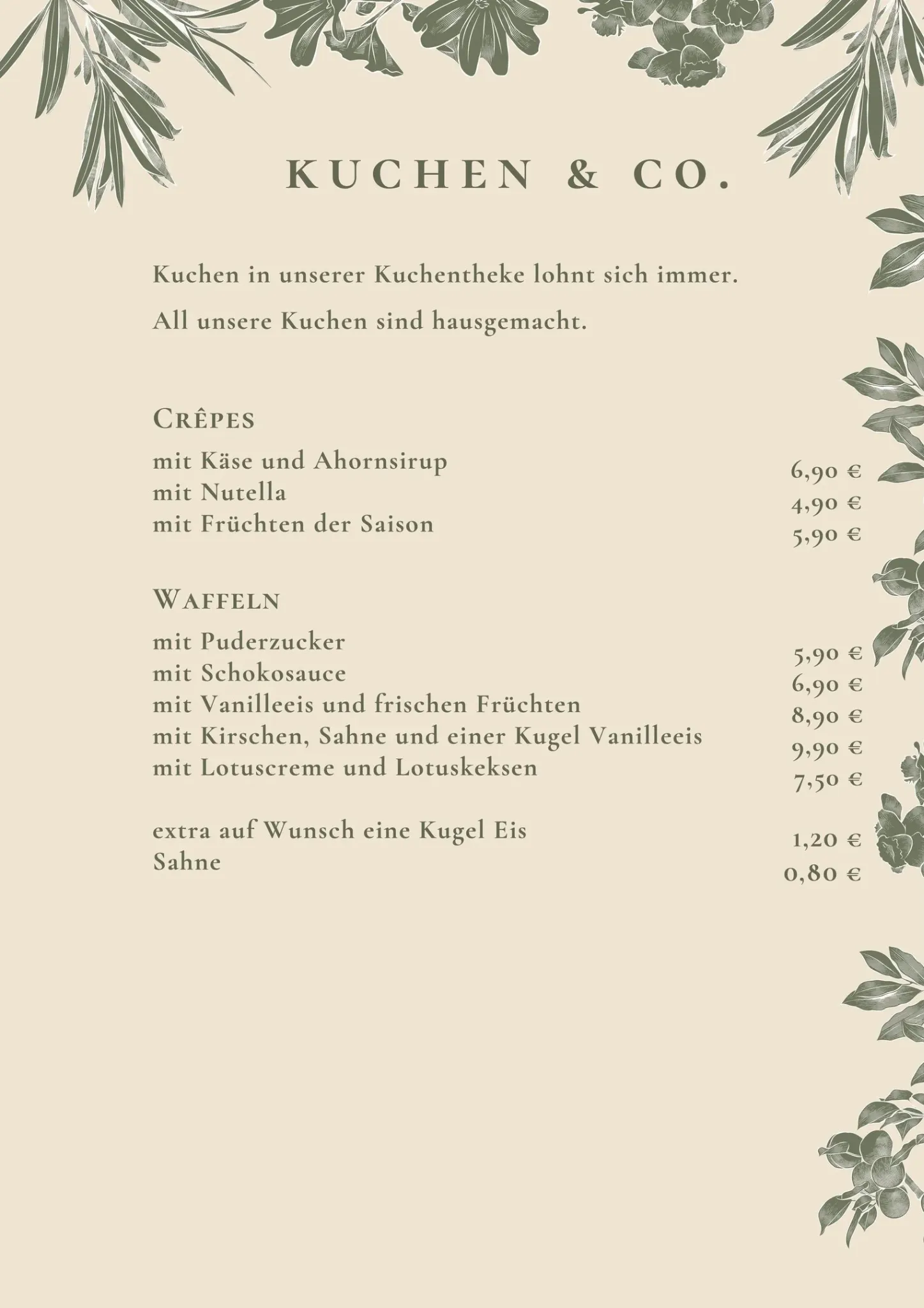 Speisekarte Kuchen und Co