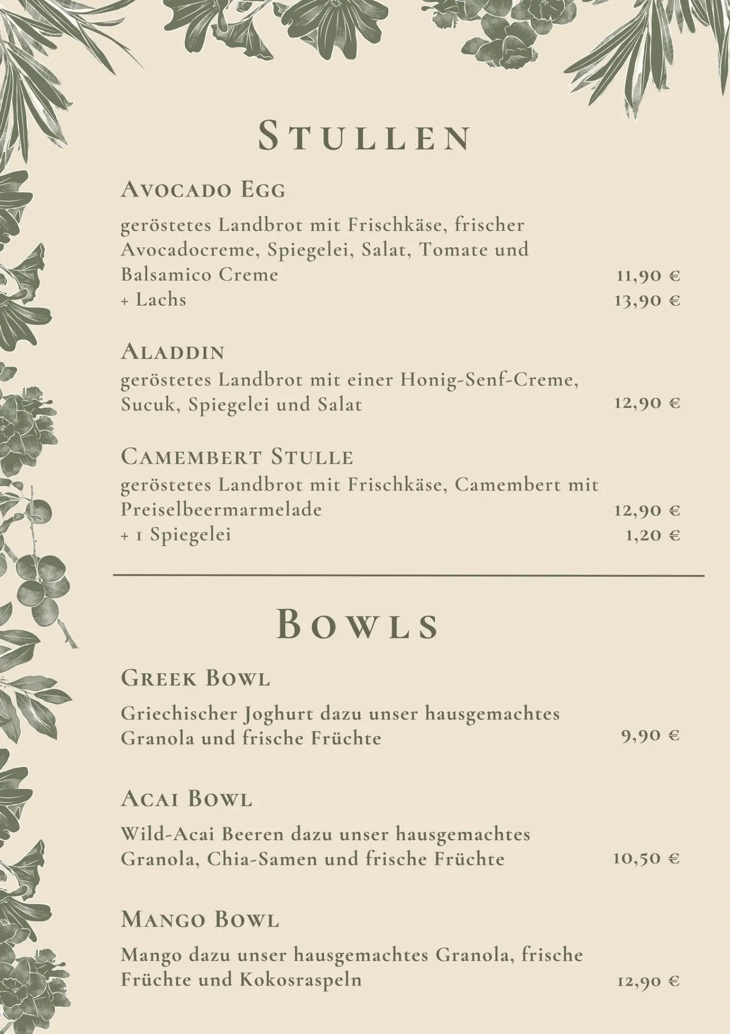 Speisekarte Stullen und Bowls
